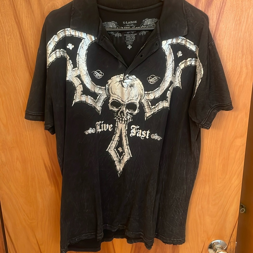 Affliction black collared, 2 button shirt